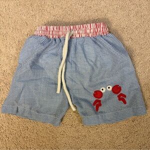 Eliza James Seersucker Crab Swim Trunks 18M Blue Gingham Red Stripe Nautical